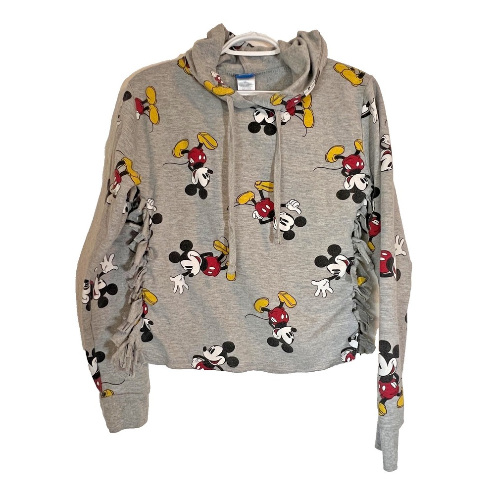 Disney Mickey Mouse Hoodie Gray Cropped Pullover Sweatshirt Tie Sides Size 11/13